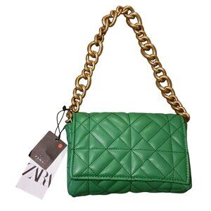 NEW Zara Green Quilted Handbag with Gold Shoulder Chain Strap